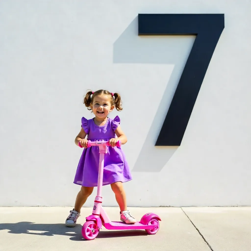 Joyful Child in Purple Dress on Pink Scooter by Wall 7