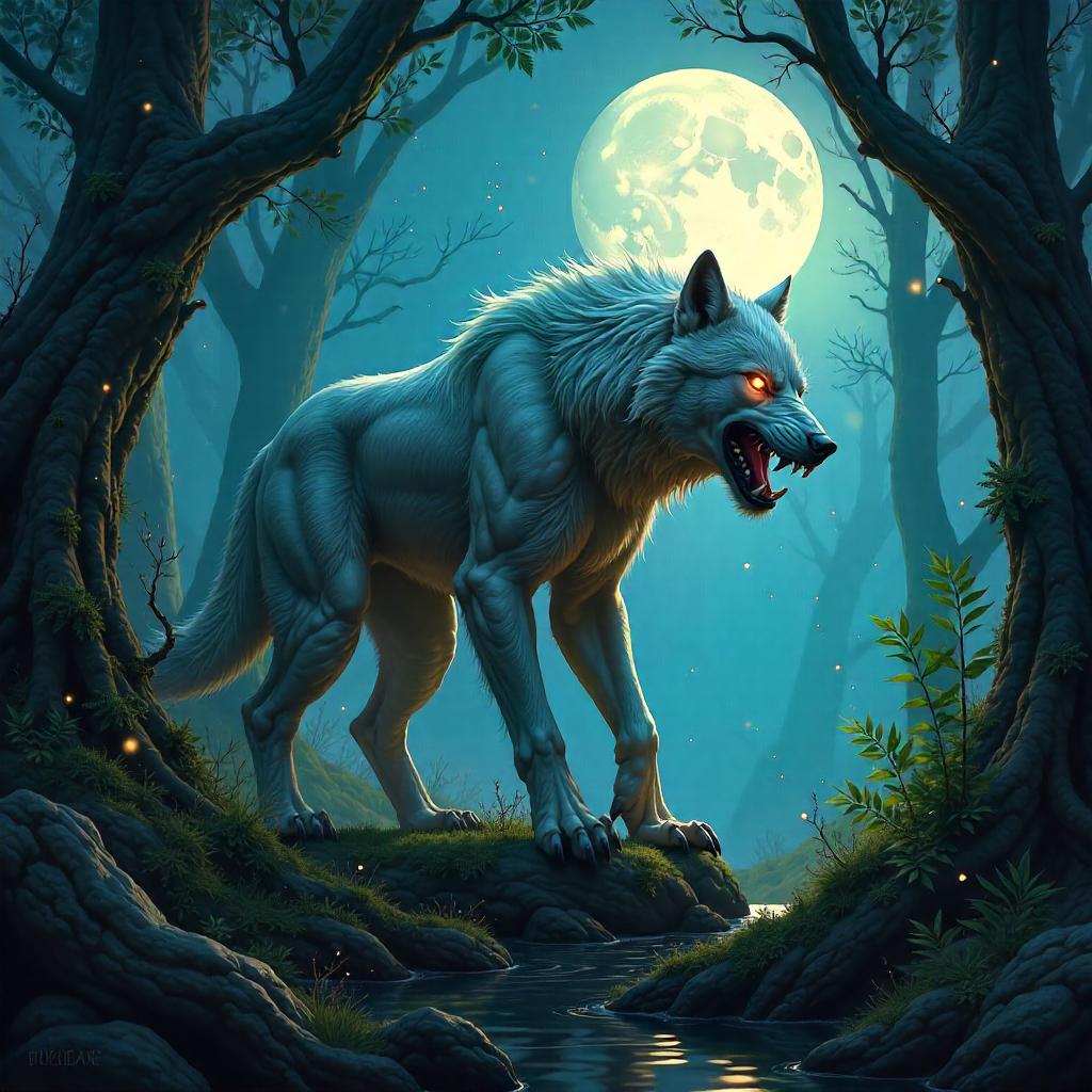 Lone Werewolf in a Moonlit Mystical Forest
