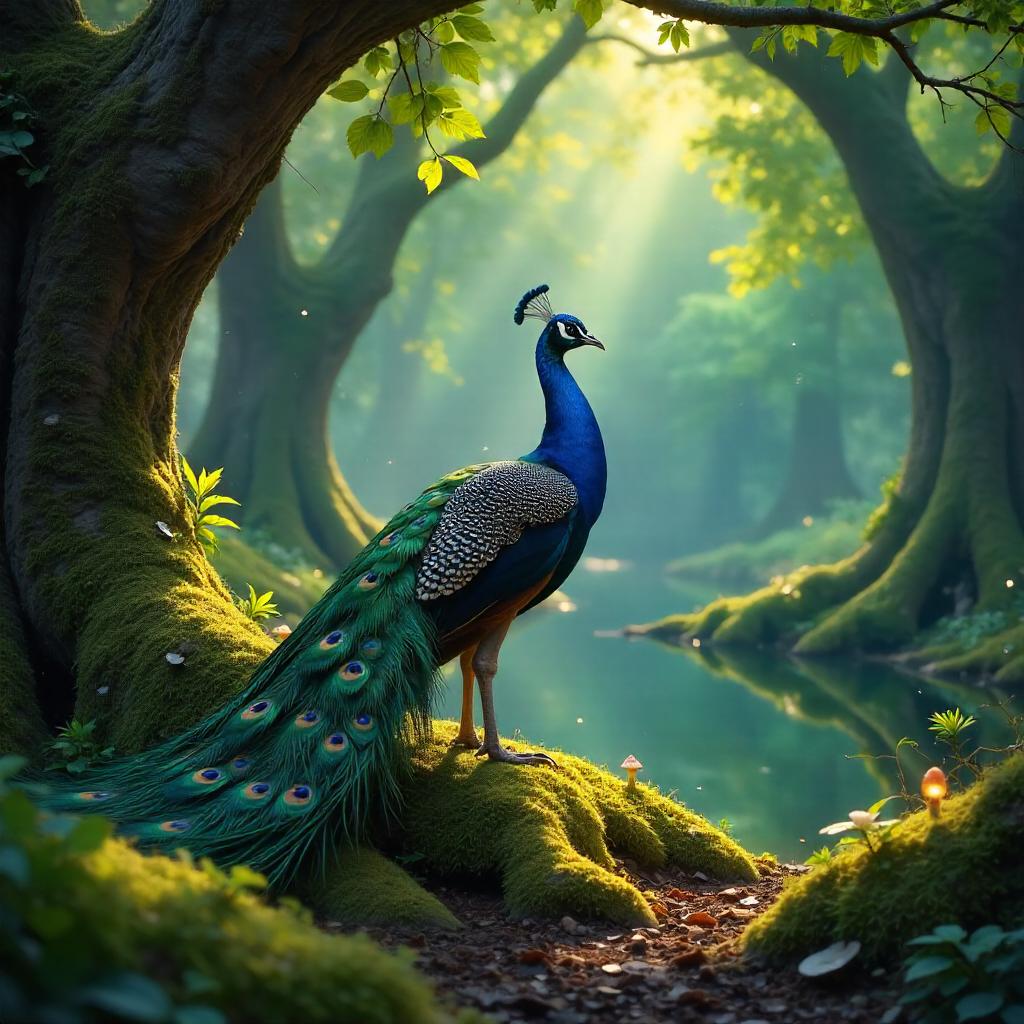 Photoreal Peacock in Enchanted Grove