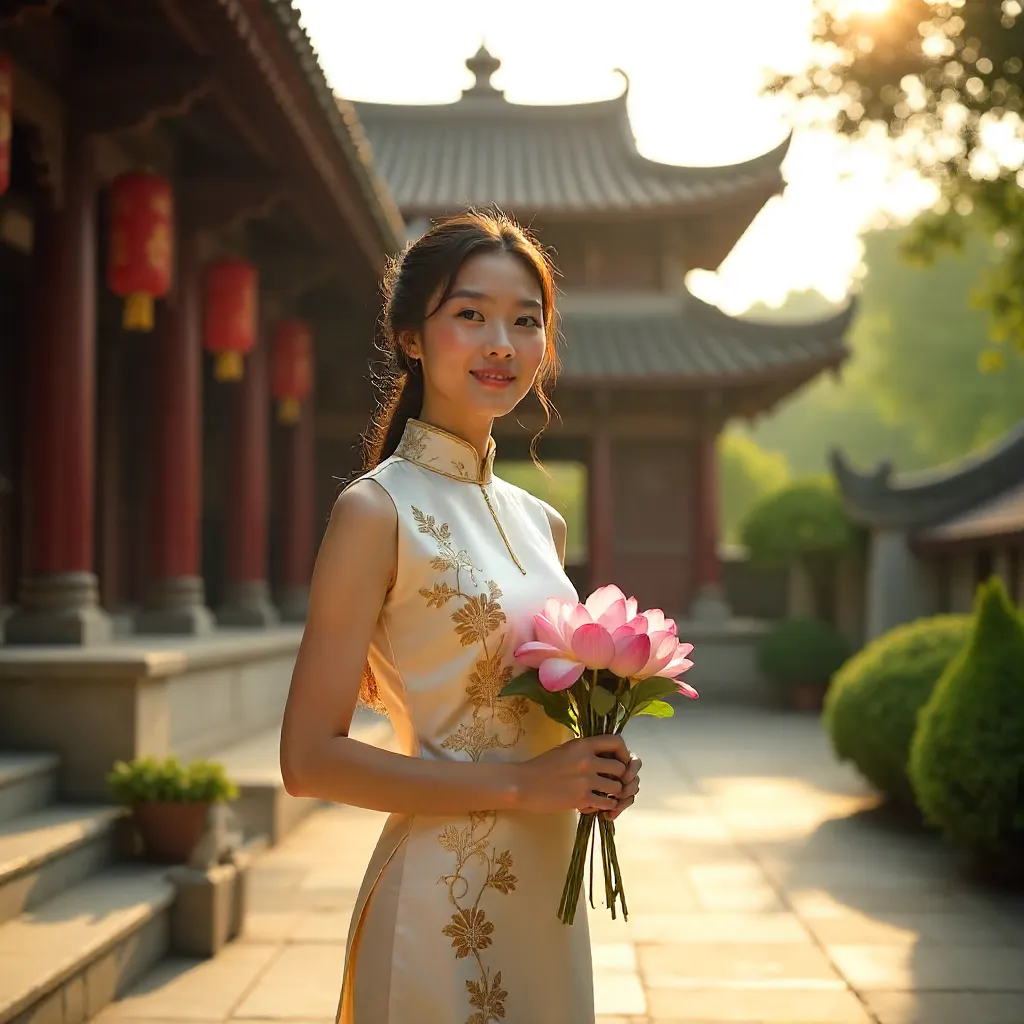 Ao Dai Elegance by the Pagoda
