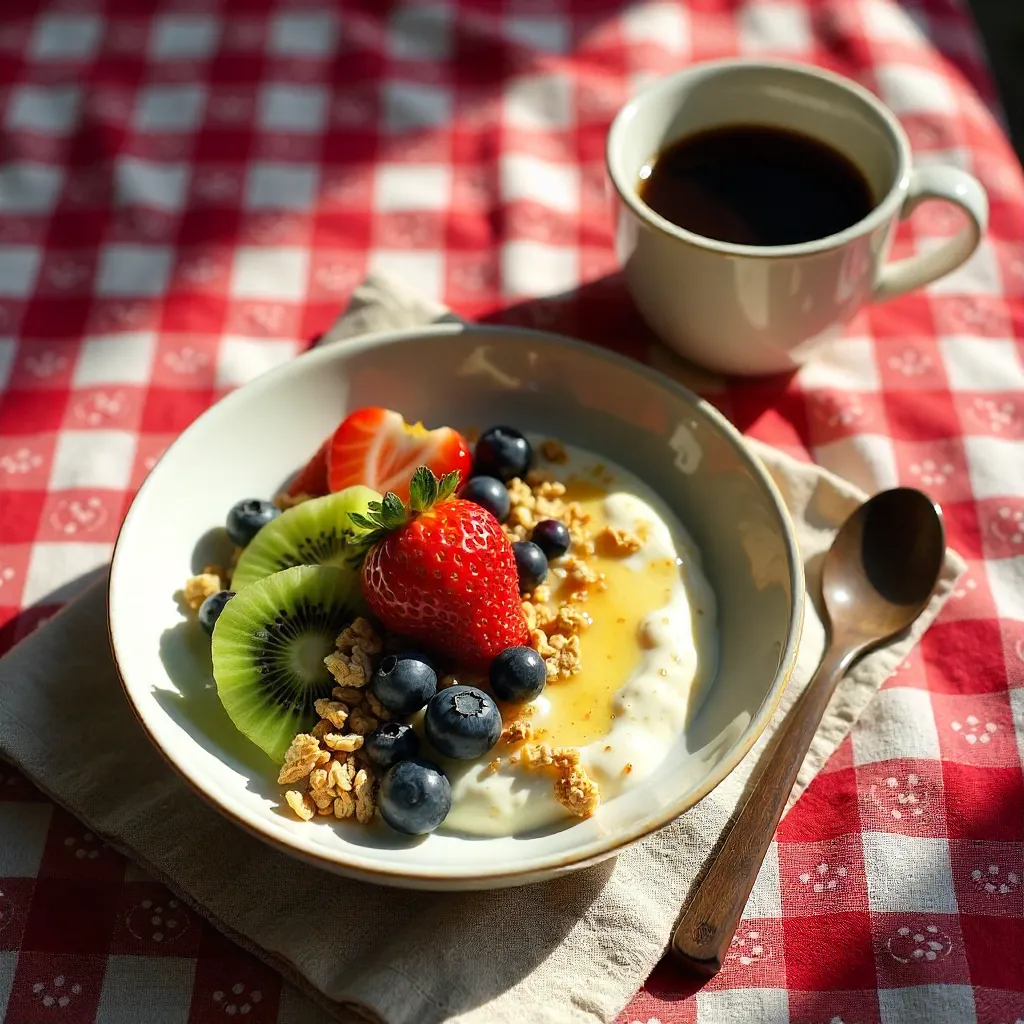 Overhead Cozy Breakfast Bowl on Red Checkered Tablecloth