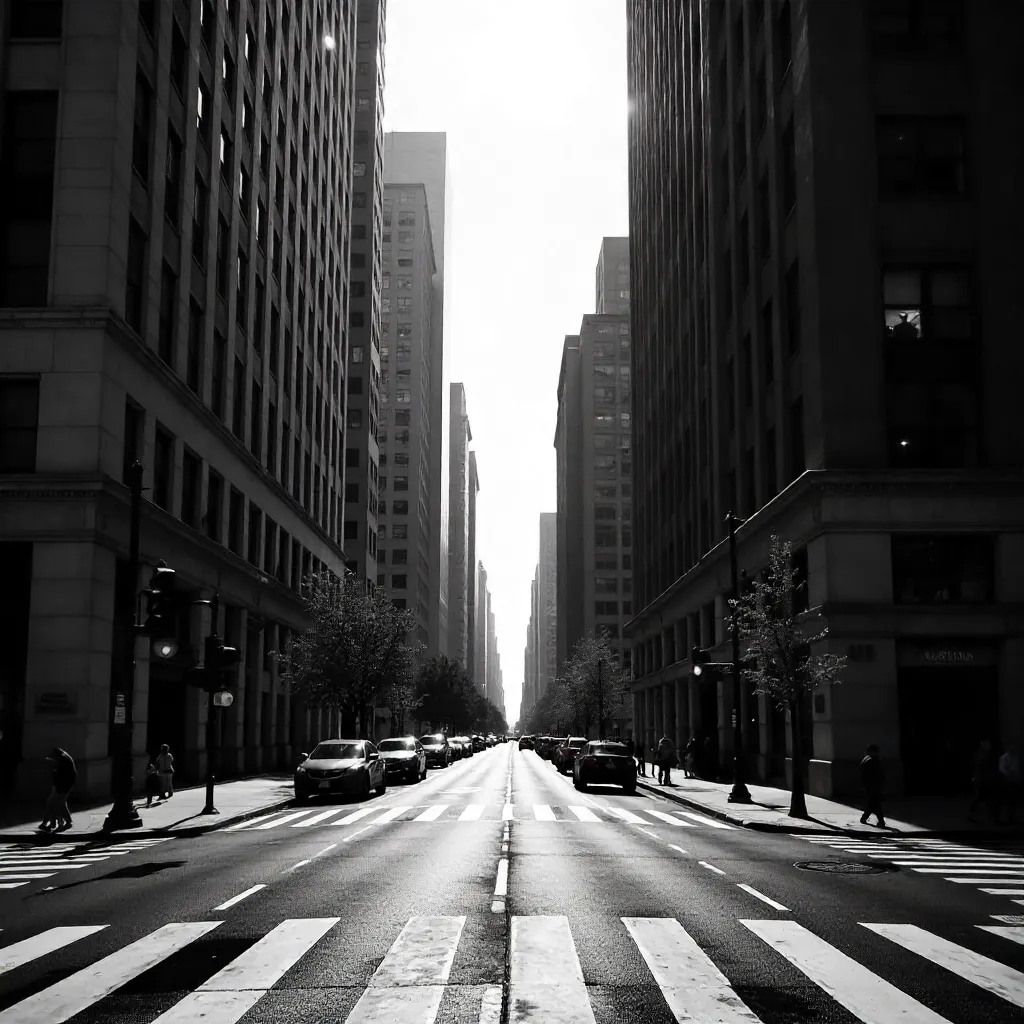 Monochrome Intersection Framed by Symmetrical Towers