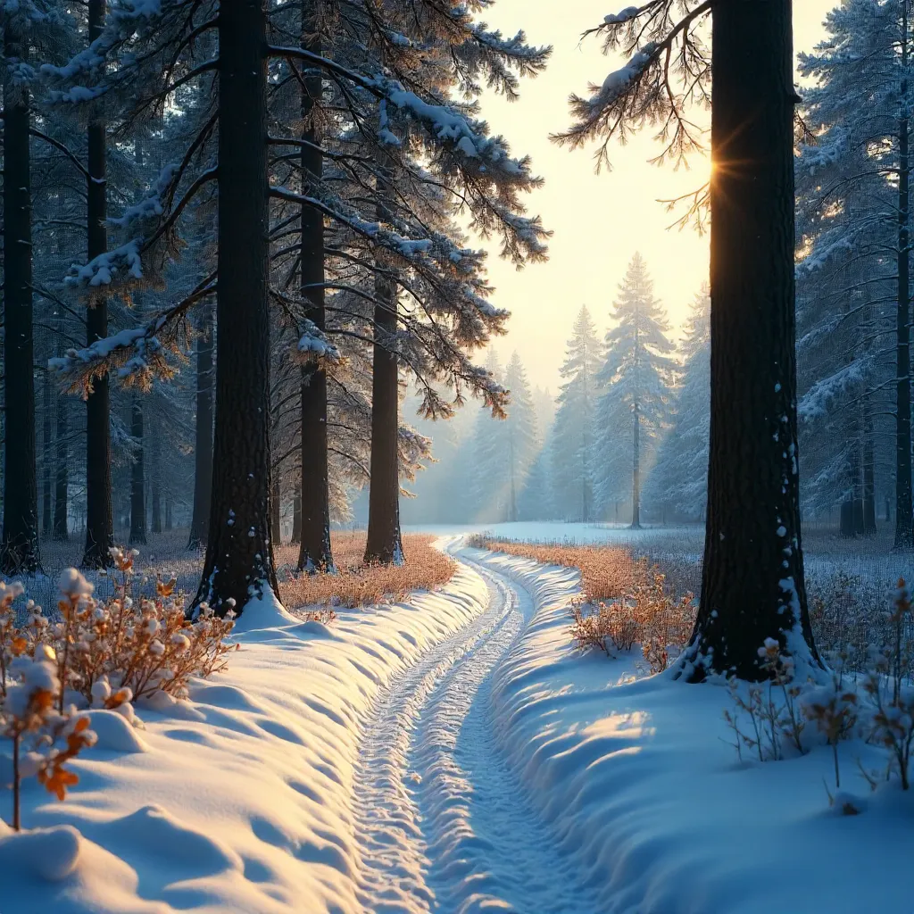 Tranquil Snow-Covered Forest Path