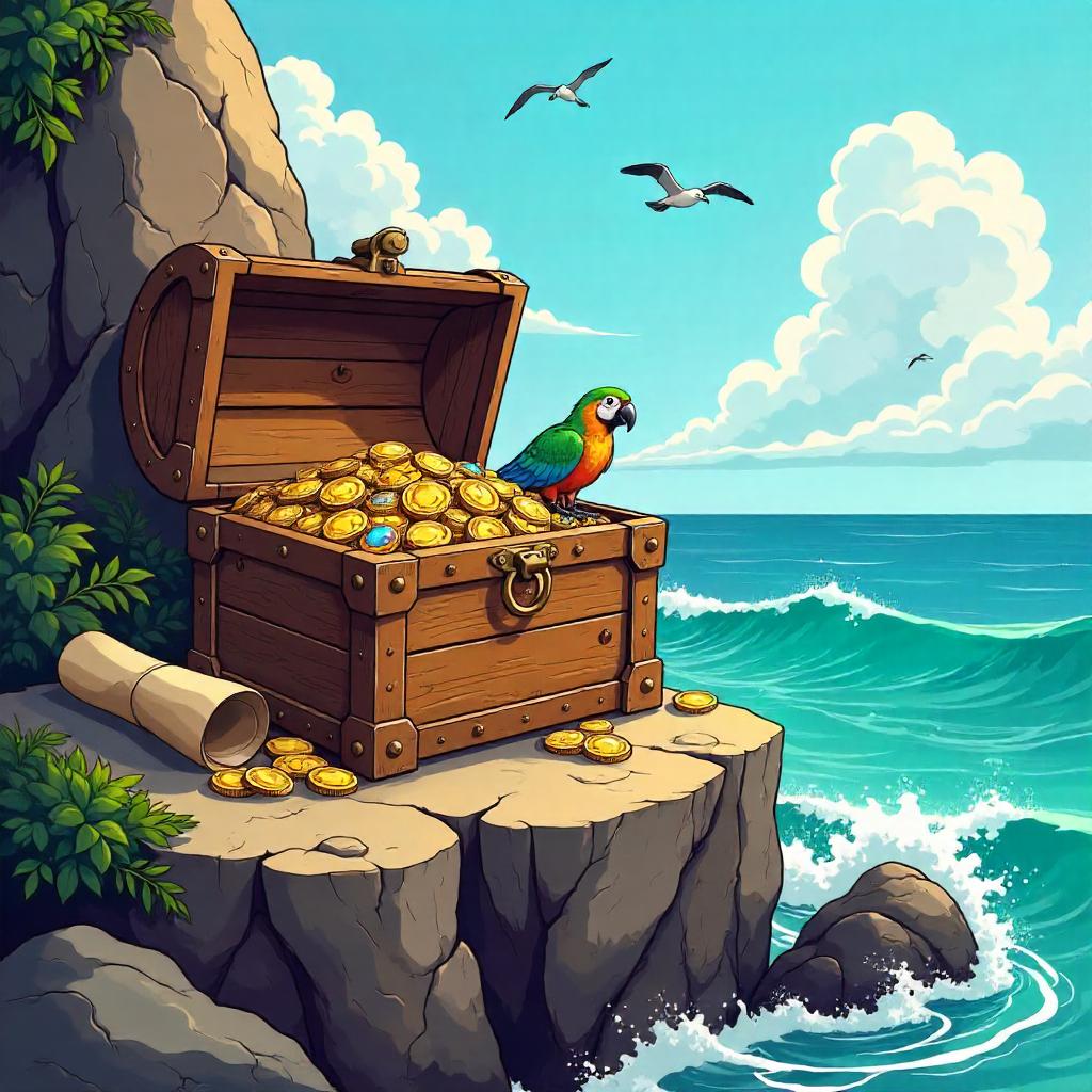 Cartoon Treasure Chest on a Sunny Rocky Outcrop