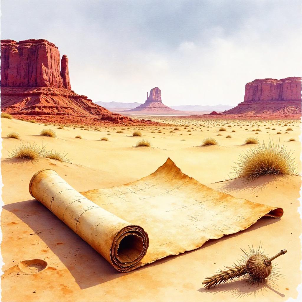 Ancient Scroll in Badlands: Watercolor Scene