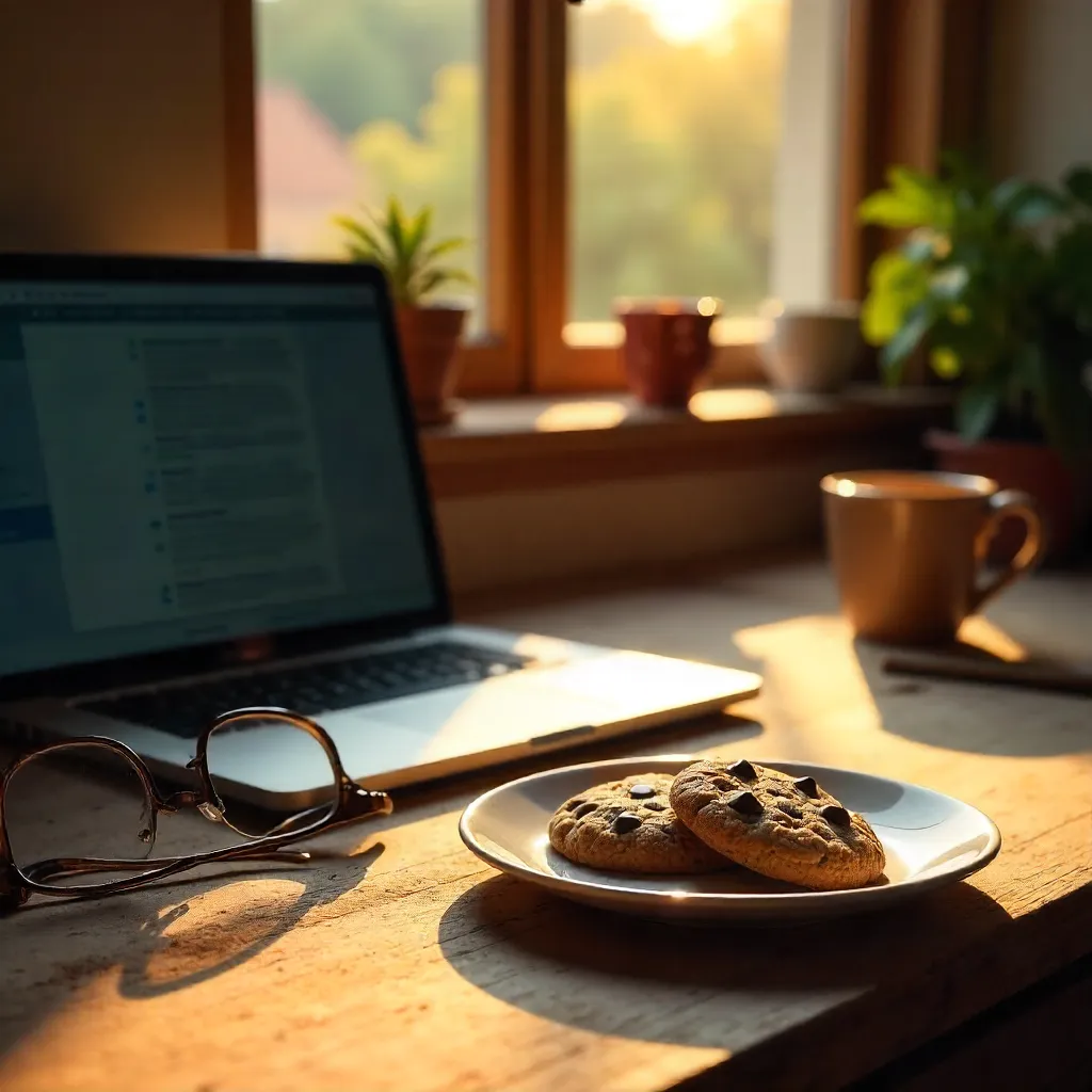 Cozy Wooden Desk with Cookies, Laptop, and Glasses