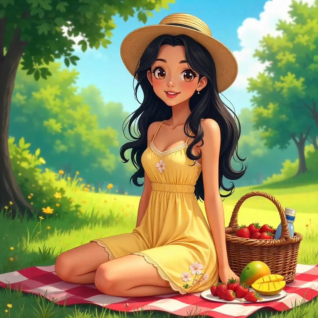 Latina Beauty at a Sunny Picnic – Anime Style