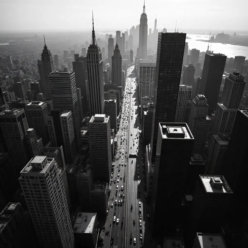 Monochrome Aerial Cityscape Over Dense Skyscrapers
