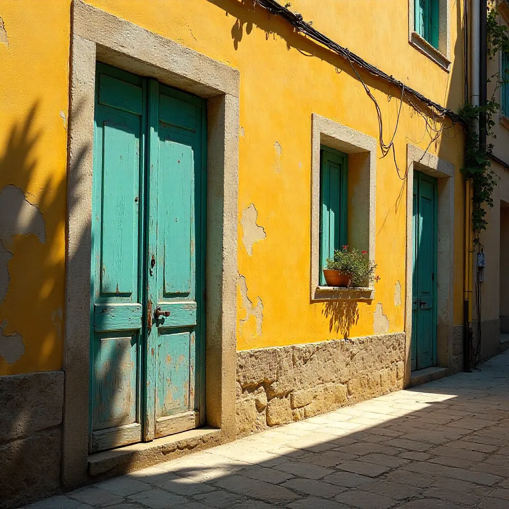 Rustic Yellow Wall in Corfu with Closed Shutters
