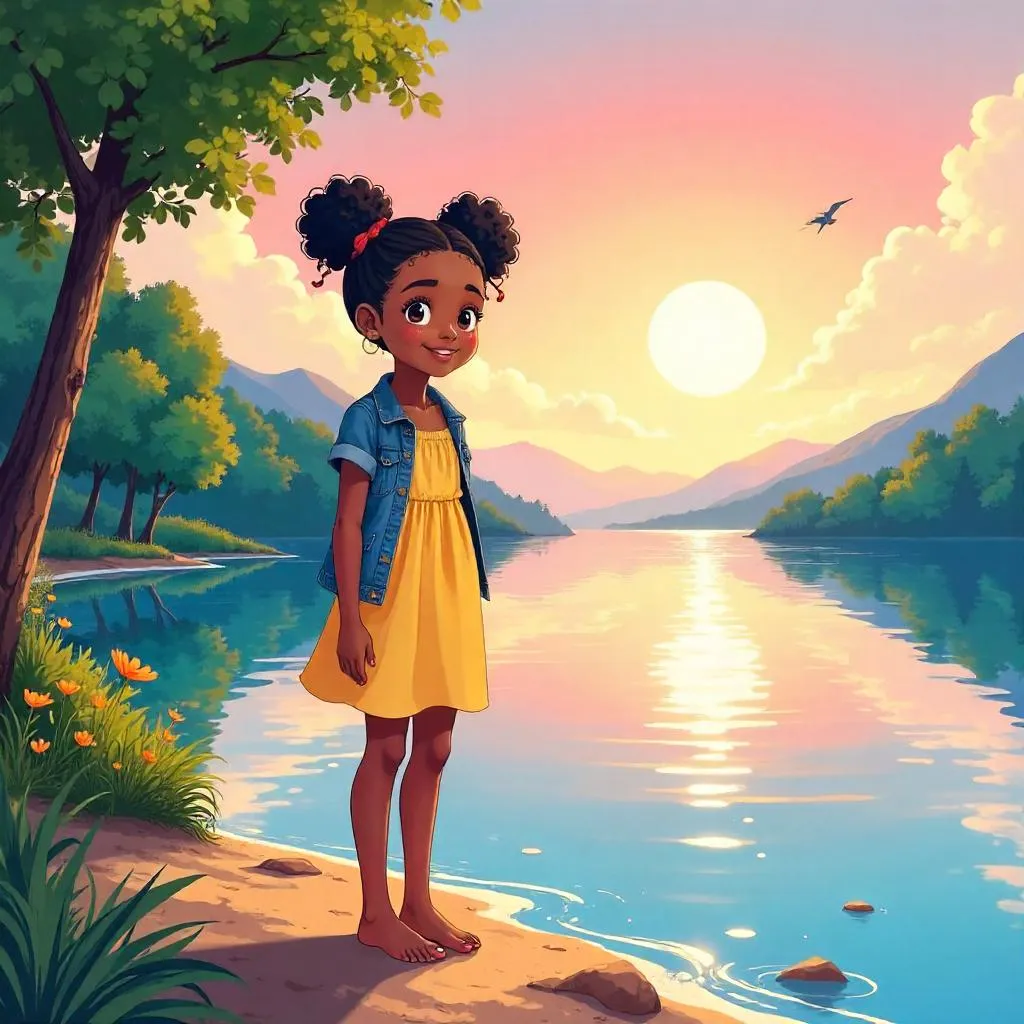 Cheerful Black Girl by the Lake - Anime Style