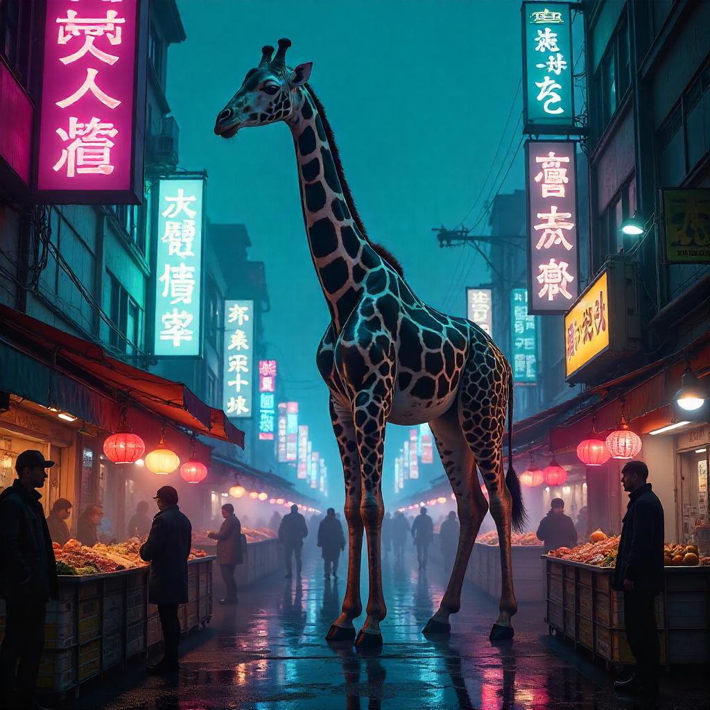 Neon Giraffe in a Cyberpunk Market