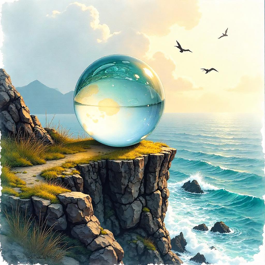 Crystal Ball on a Wind-Swept Cliff (Watercolor)