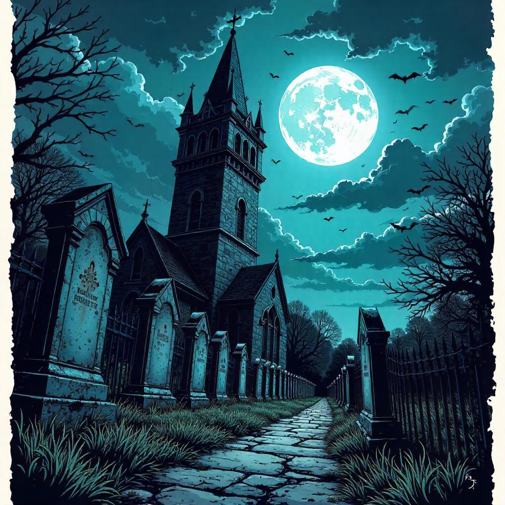 Graveyard Tower in Comic Book Night Scene