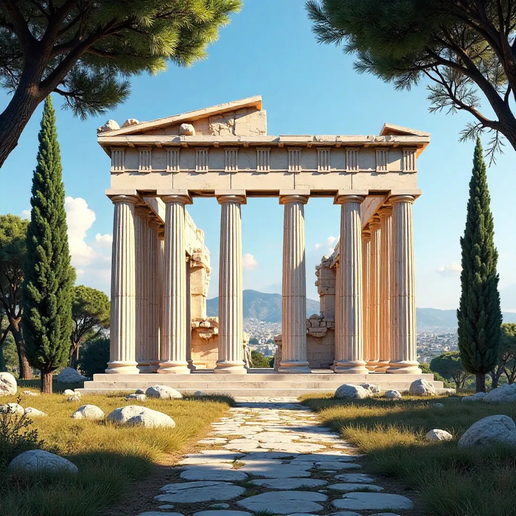 Temple Among Olive Trees in Sunlit Athens