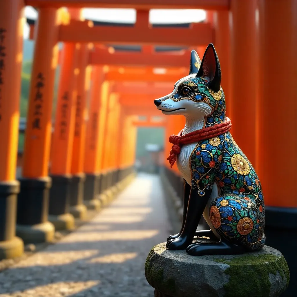 Vibrant Fox Statue Amid Red Torii at Fushimi Inari