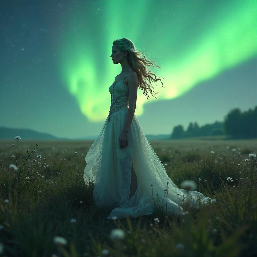 Nymph in Aurora Fields - Photorealistic