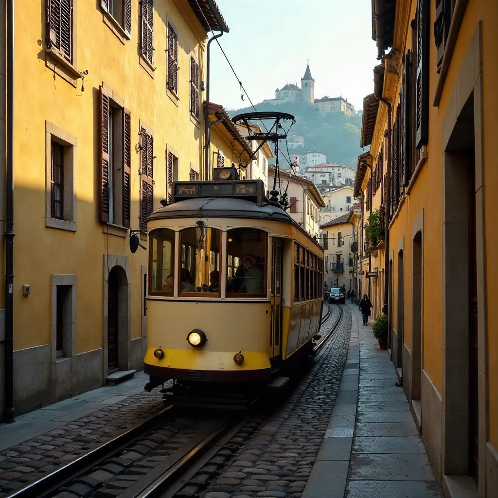 Historic Funicular Over Cobblestones in Old Lyon