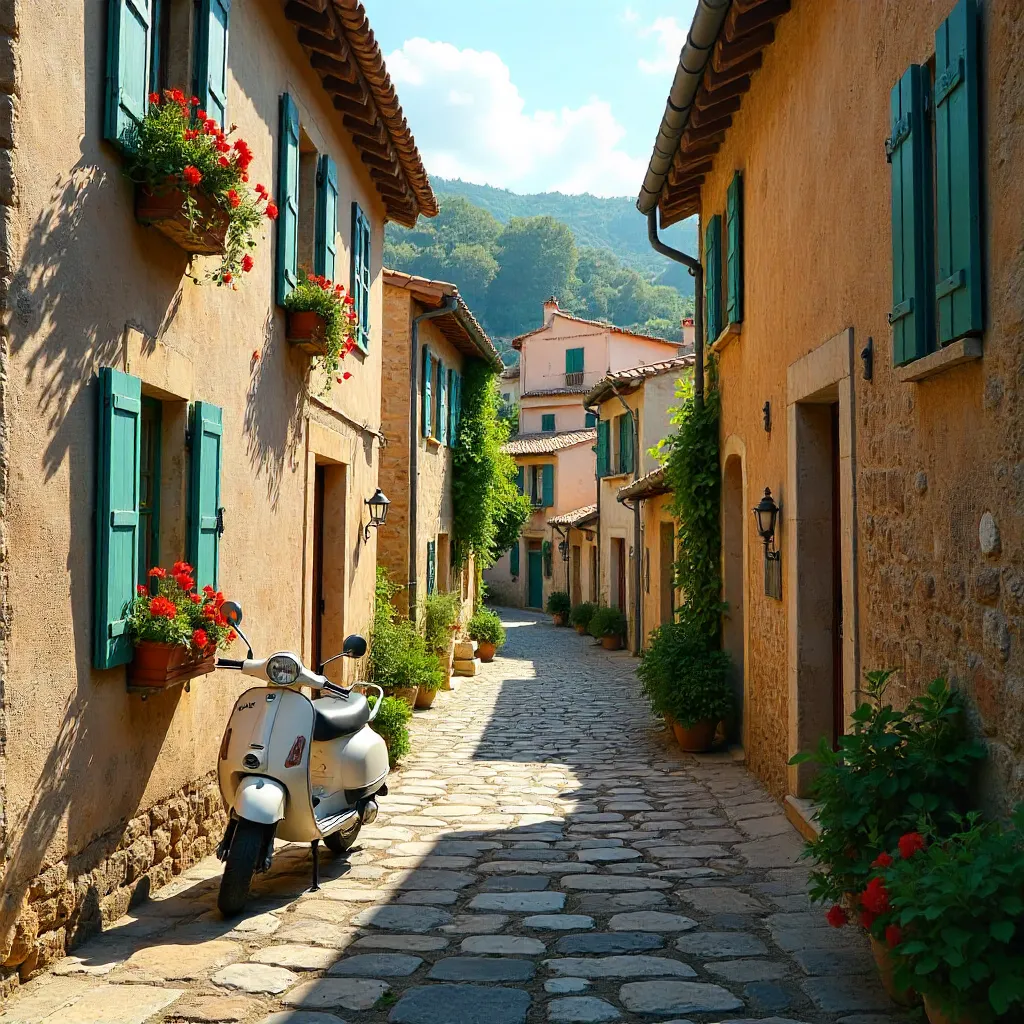 Valldemossa Cobblestone Lane with Scooter and Stone Houses