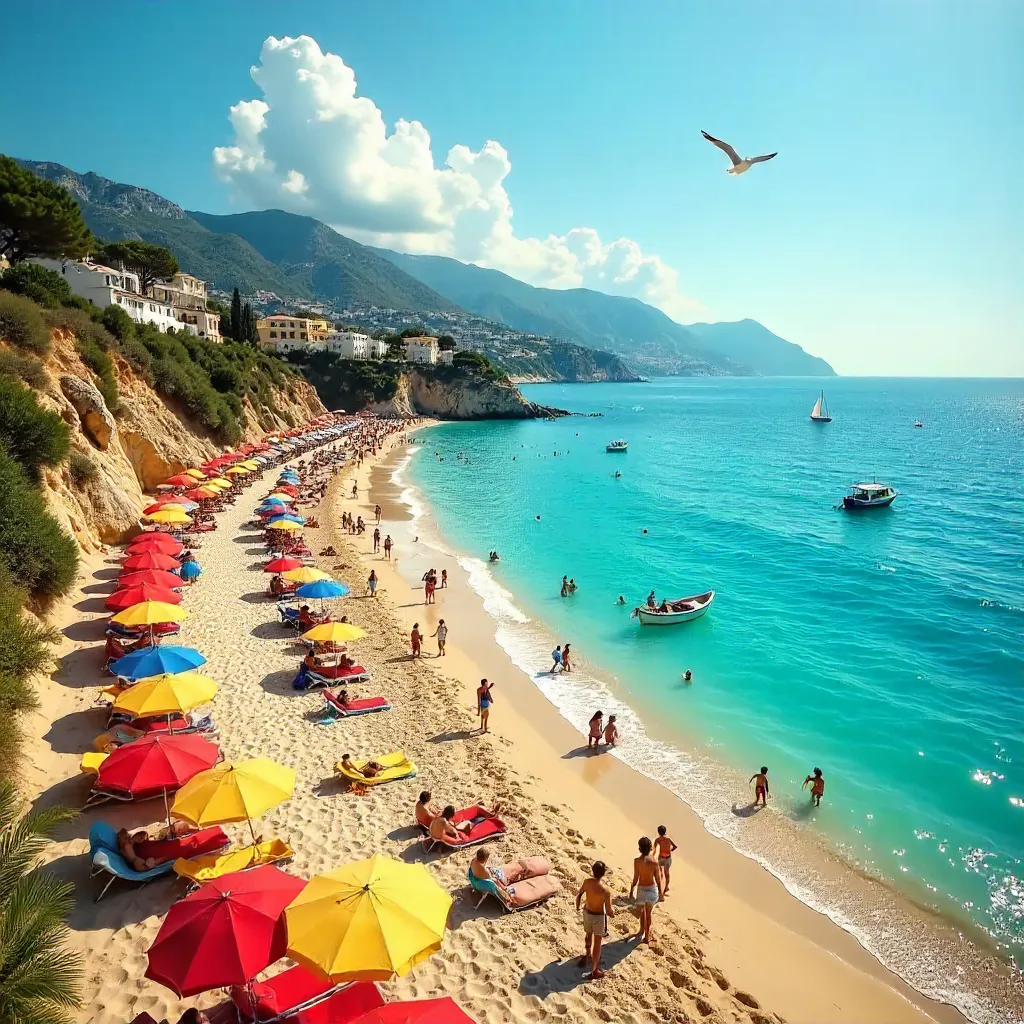 Vibrant Mediterranean Beach with Colorful Umbrellas and Boats