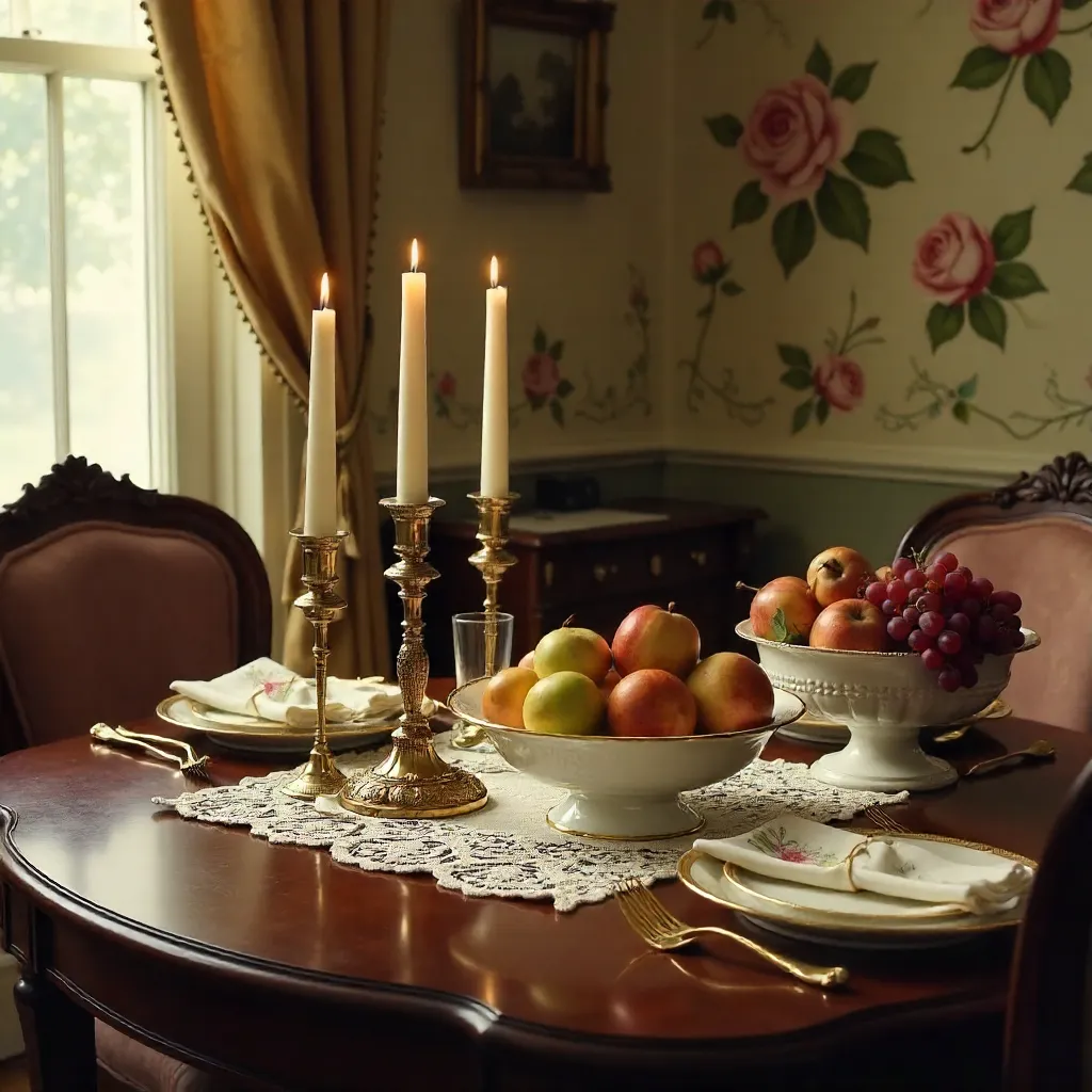 Vintage Dining Table Under Floral Candlelight