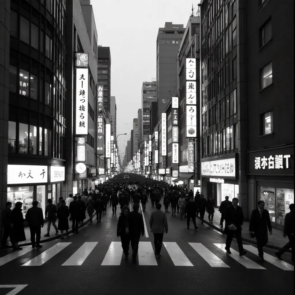 Monochrome Tokyo Street: Crowds and Modern Skyscrapers