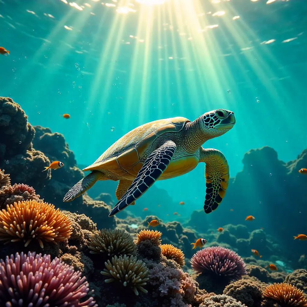 Vibrant Hawaiian Underwater Scene: Turtle over Coral Reef