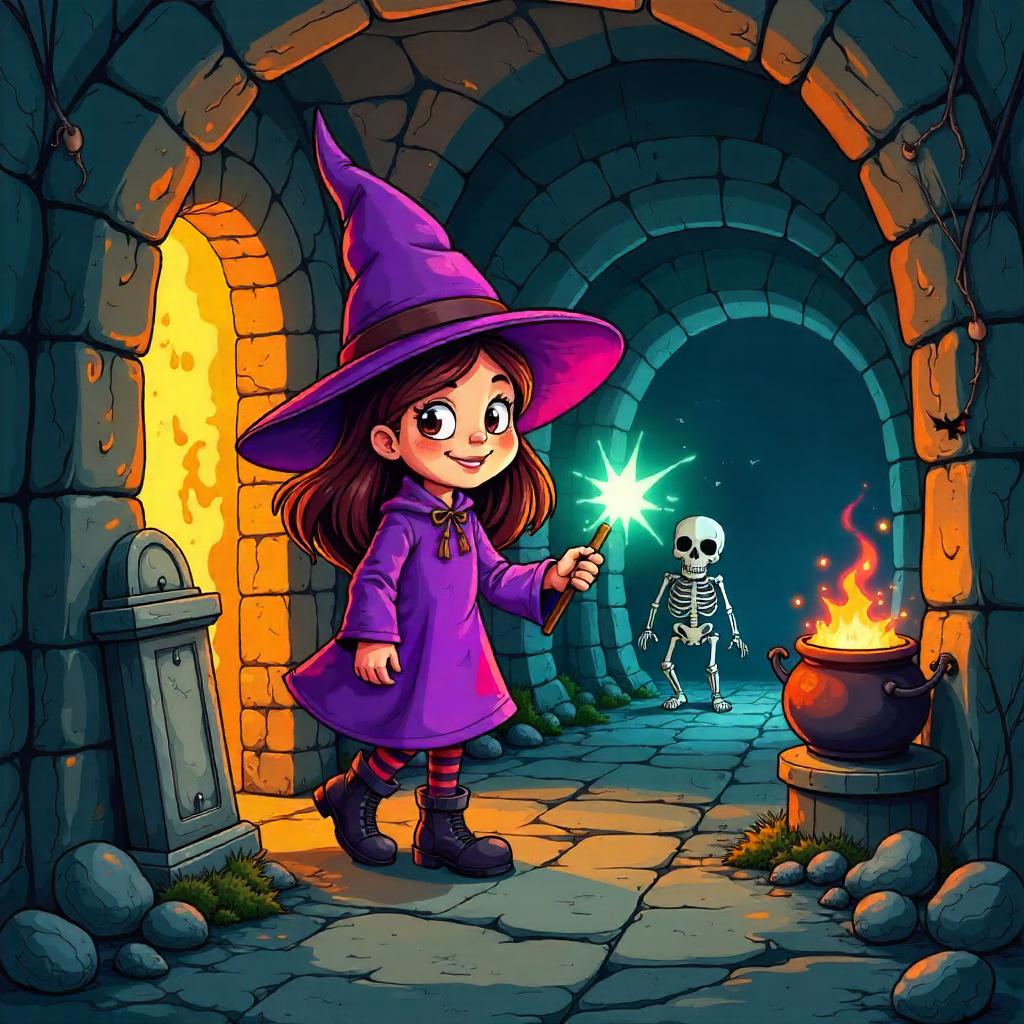 Cartoon Witch in a Creepy Crypt
