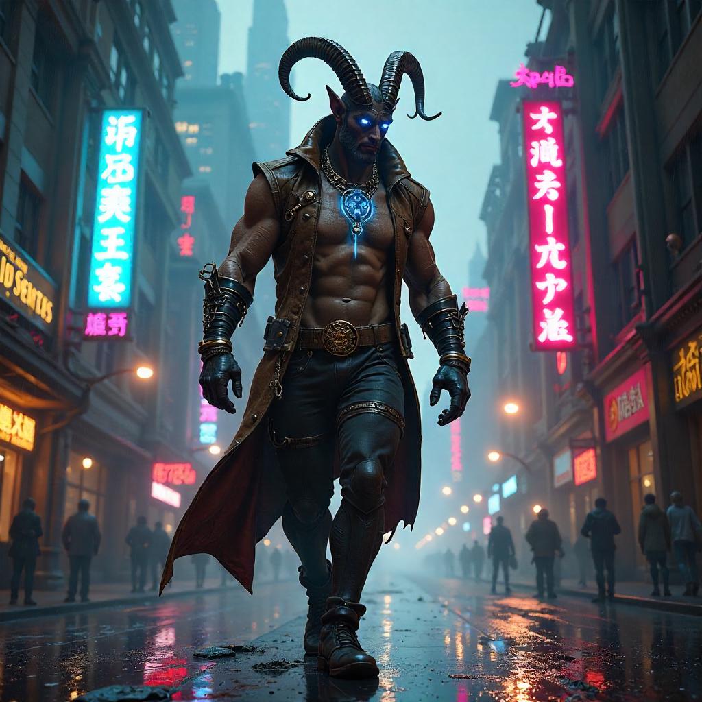 Neon Satyr in a Clockwork Cyberpunk City