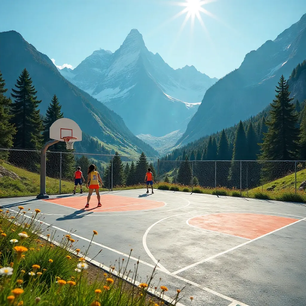 Basketball Court Under Majestic Mountain Backdrop