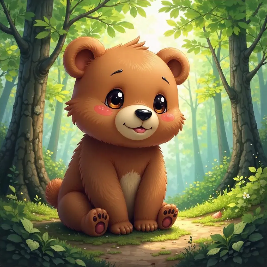 Anime Bear in a Gentle Forest Painting