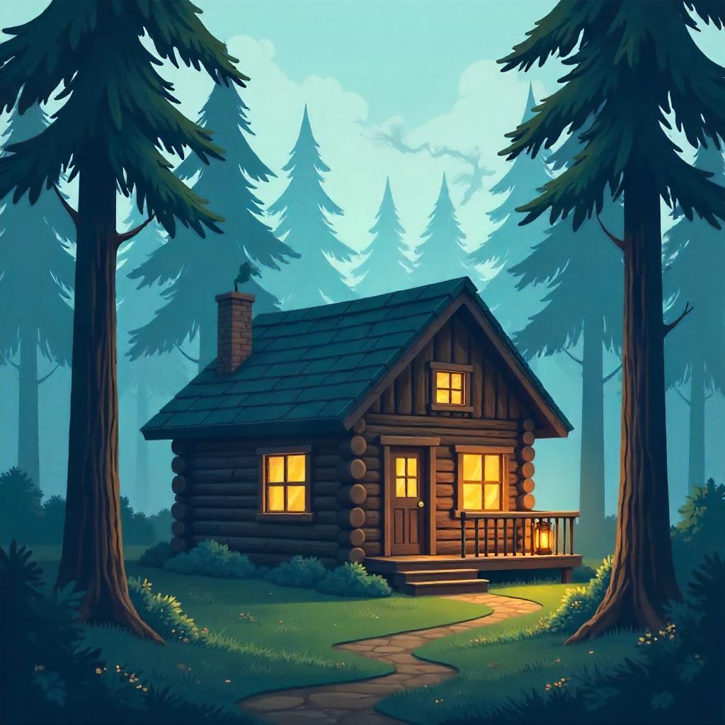 Foggy Forest Cartoon Log Cabin in Mist