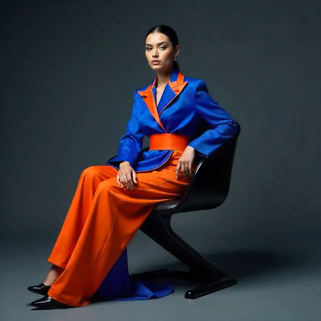 Vibrant Blue-Orange Couture: Seated Pose
