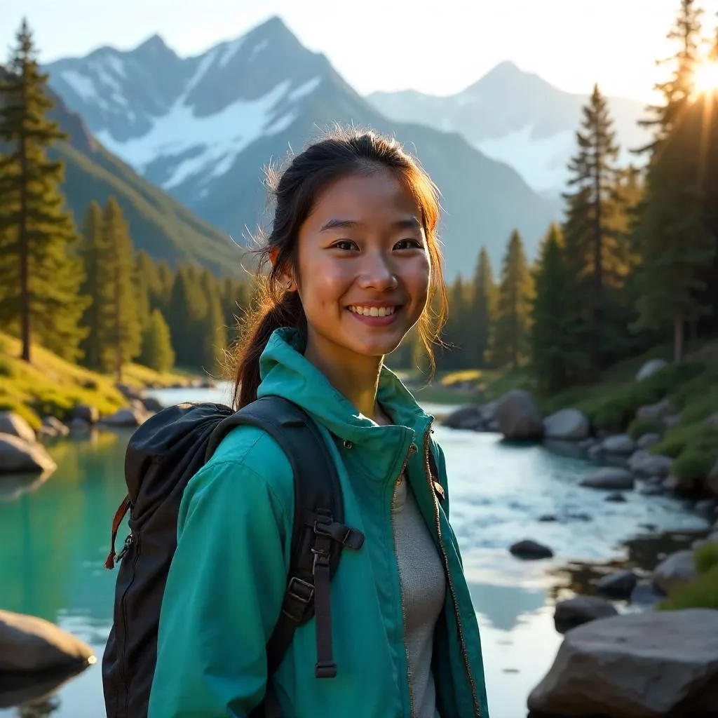 Joyful Asian Girl in the Alpine Mountains