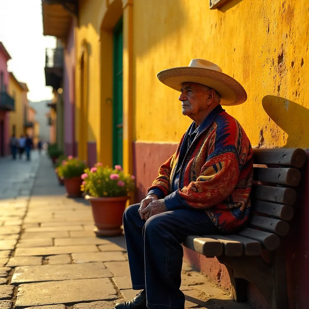 Senior Man with Sombrero by Yellow Puebla Wall