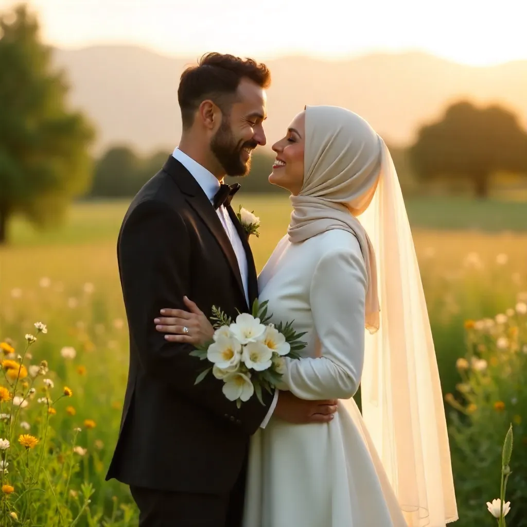 Joyful outdoor wedding embrace: hijab bride and tuxedo groom