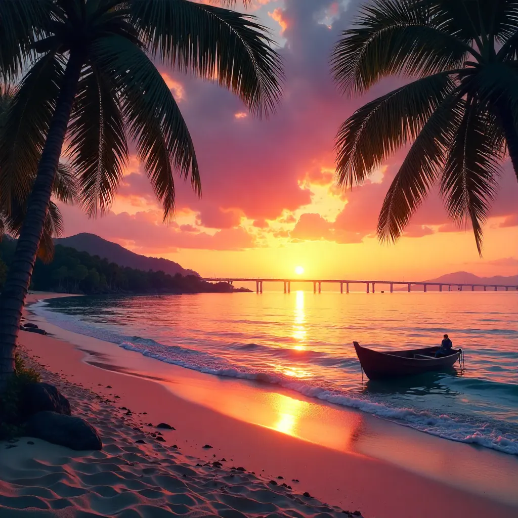 Sunset at Quy Nhon Beach with Tranquil Boat and Modern Bridge