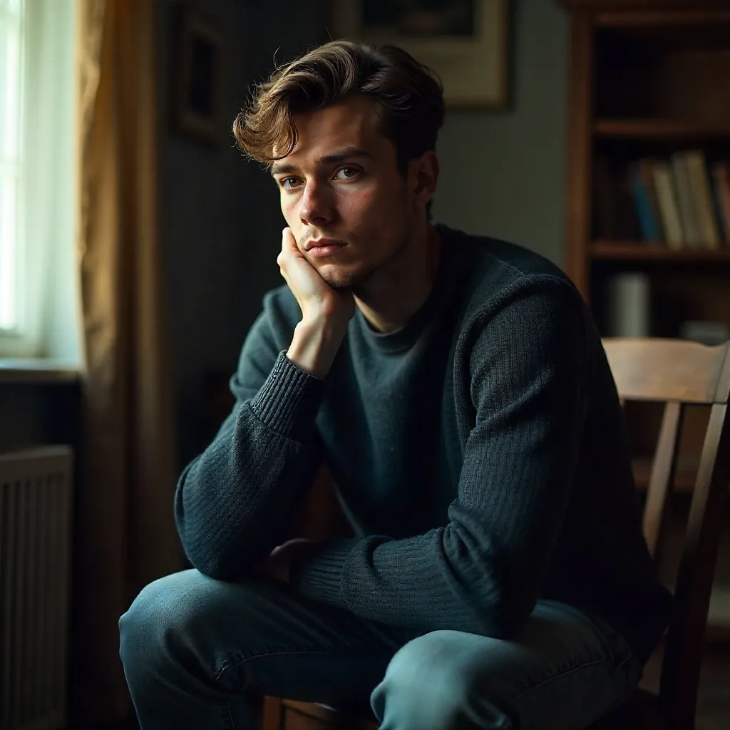 Moody Indoor Portrait of a Thoughtful Young Man