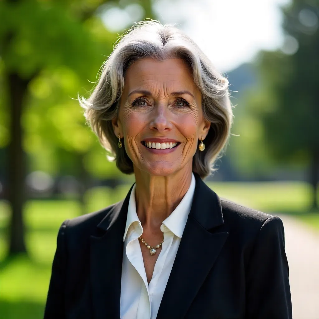 Elegant Mature Woman in a Black Suit Outdoors