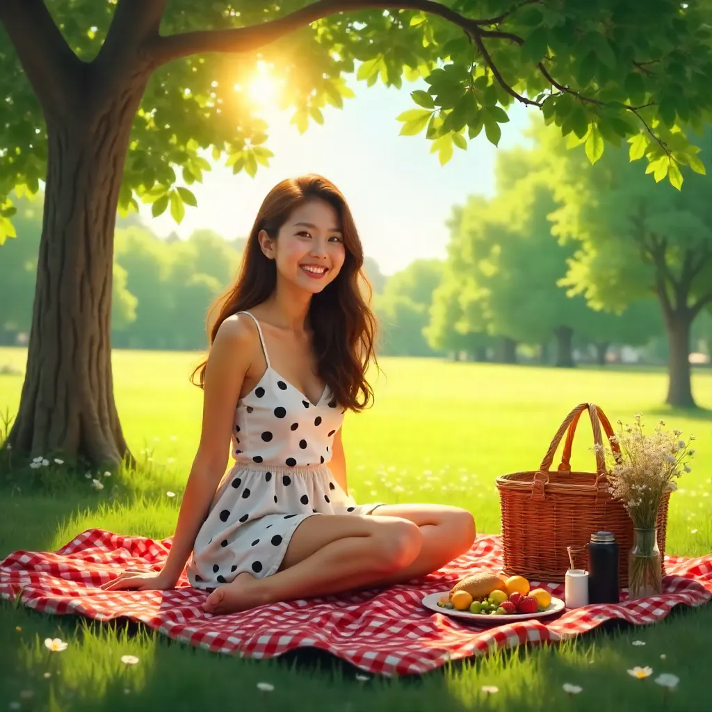 Sunlit Picnic Bliss: Smiling Woman in Polka Dot Dress