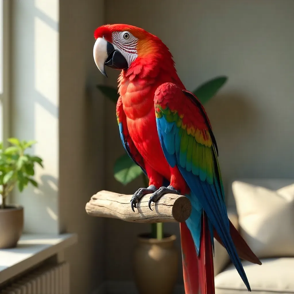 Vivid Scarlet Macaw Indoors on a Wooden Perch