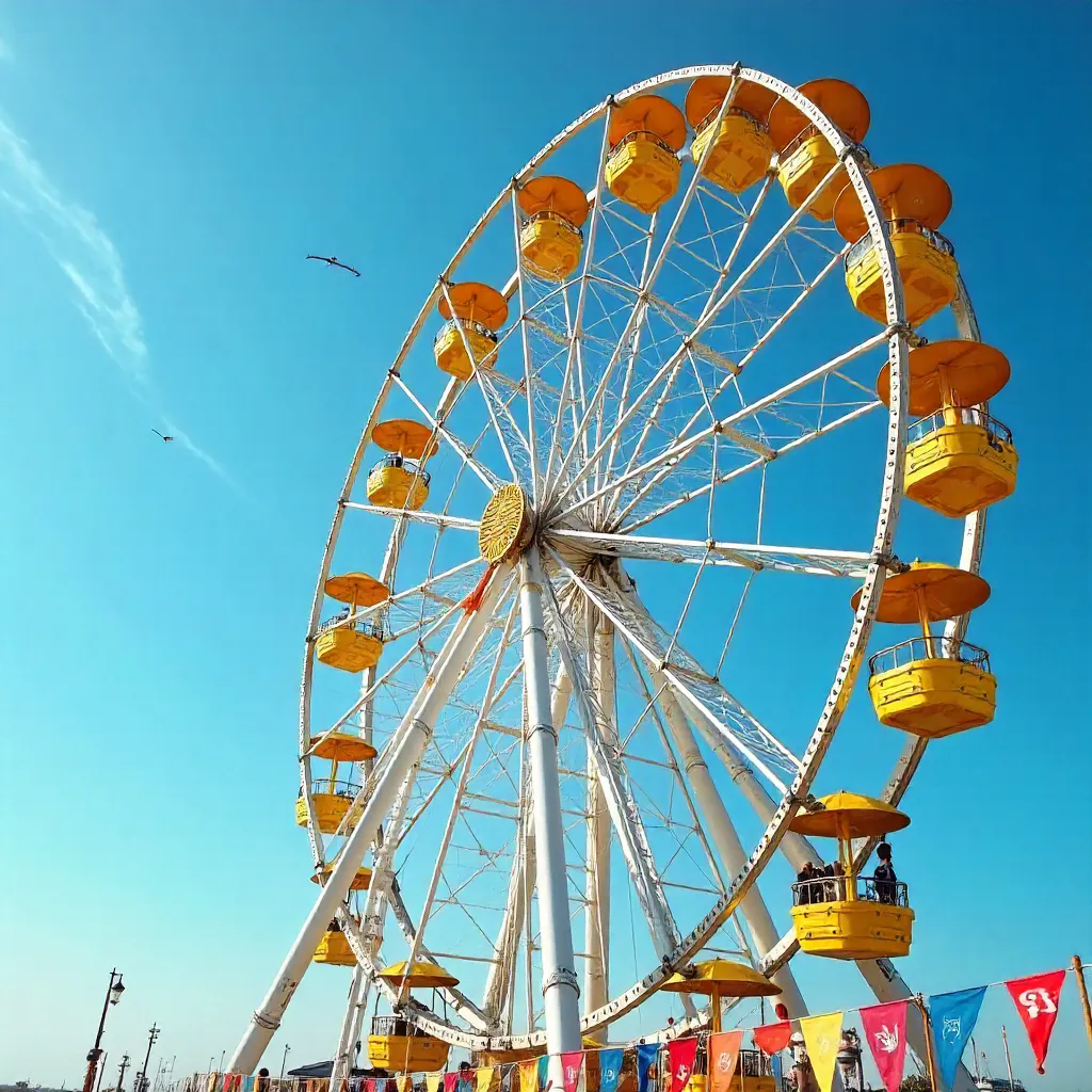 Yellow-Cabined Ferris Wheel under Clear Blue Sky