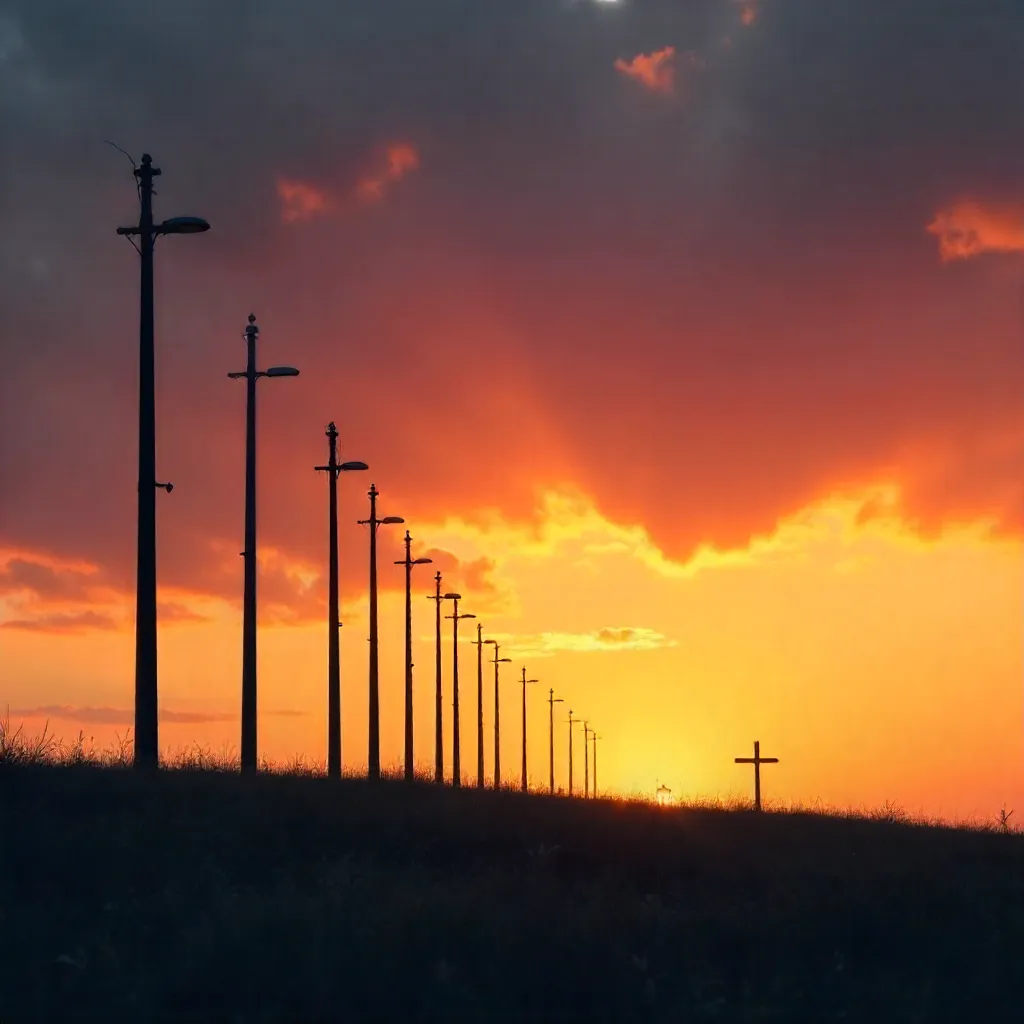 Lamppost Silhouettes and Cross at Sunset