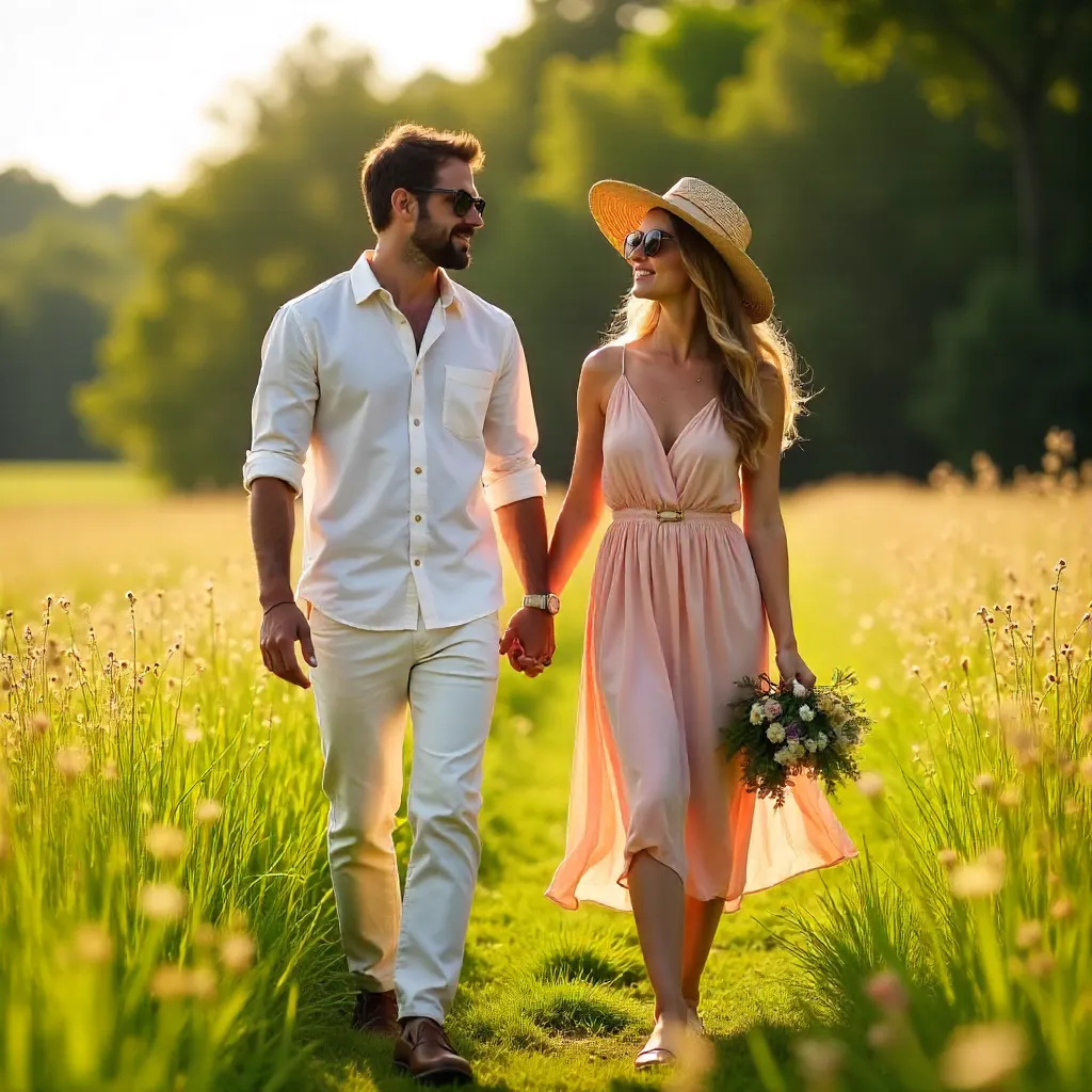 Golden Hour Fashion: Couple in a Sunlit Field
