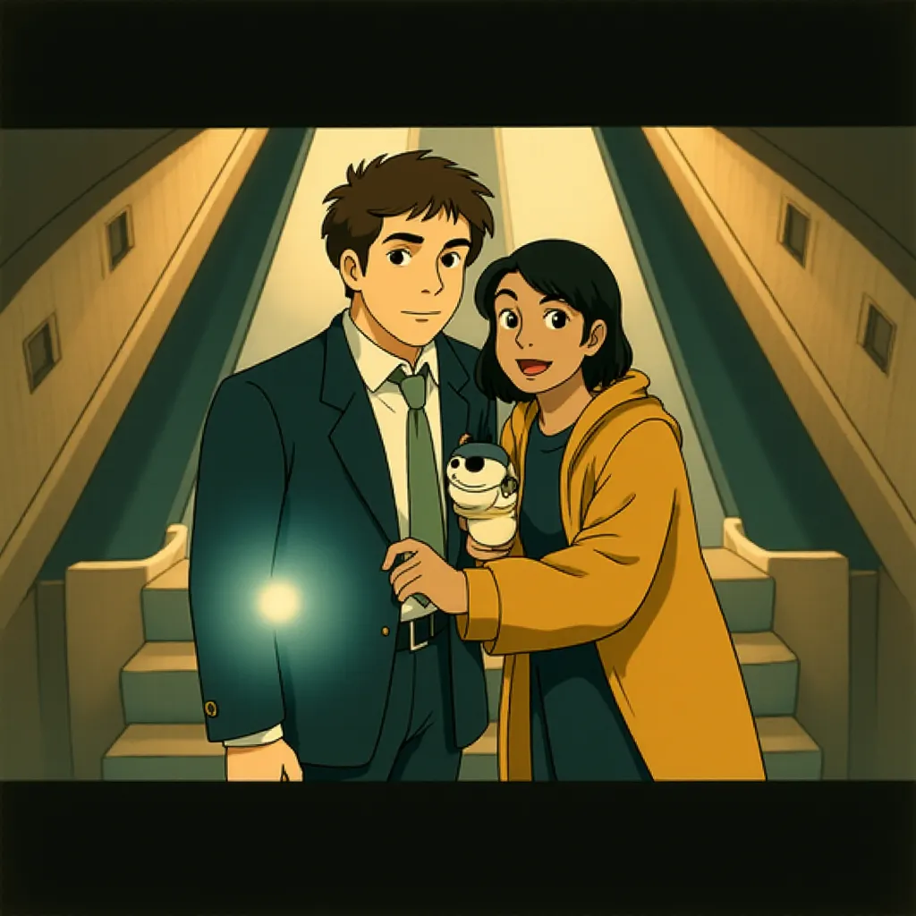Schnitzel, Nico Quach, Lupita Nyong'o, and Joseph Quinn in A Quiet Place: Day One (2024) - Ghibli style