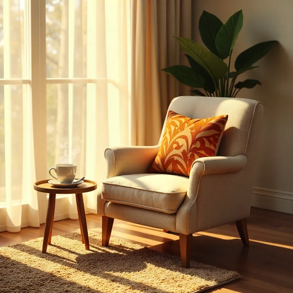 Sunlit Cozy Chair with Pillow and Coffee