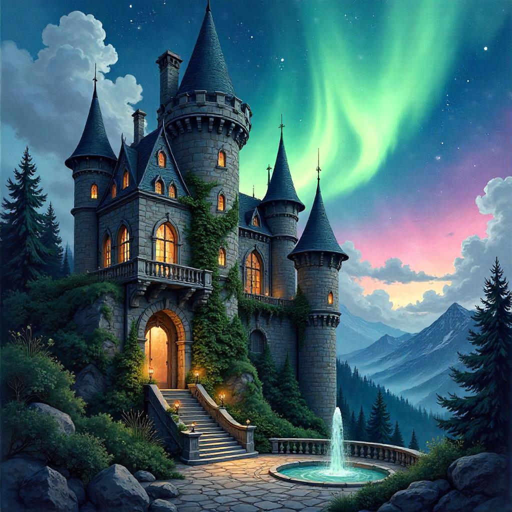 Aurora over an Enchanted Castle in Watercolor