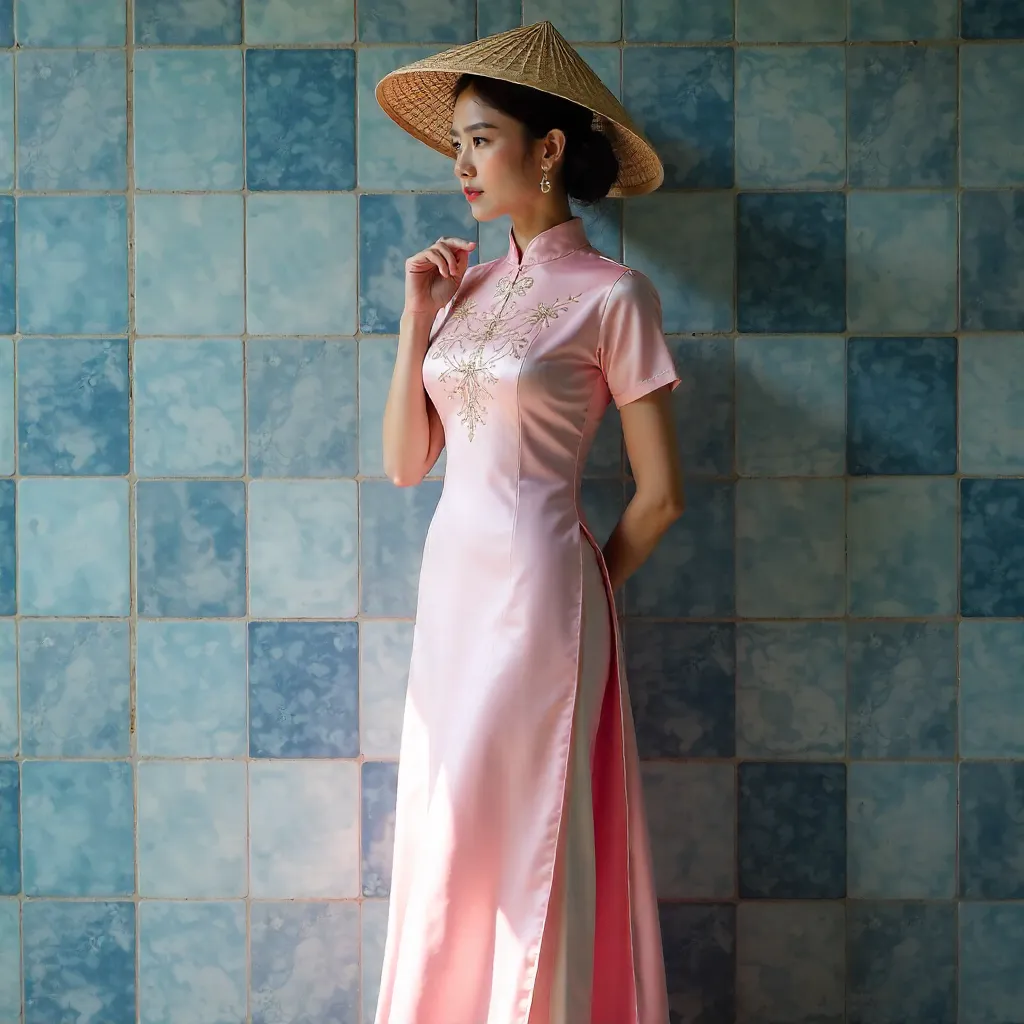 Graceful Woman in Pink Ao Dai by Tiled Wall