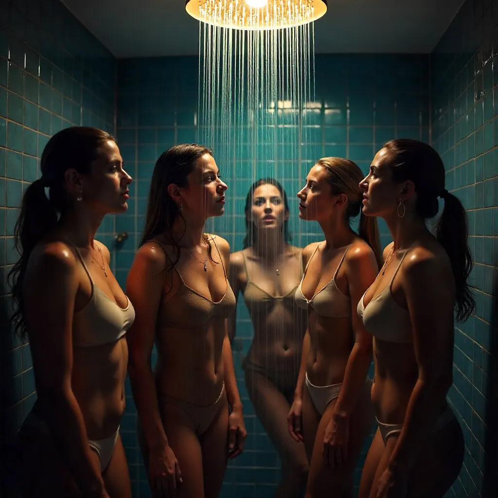Moody Indoor Shower: Women in Brown Swimwear