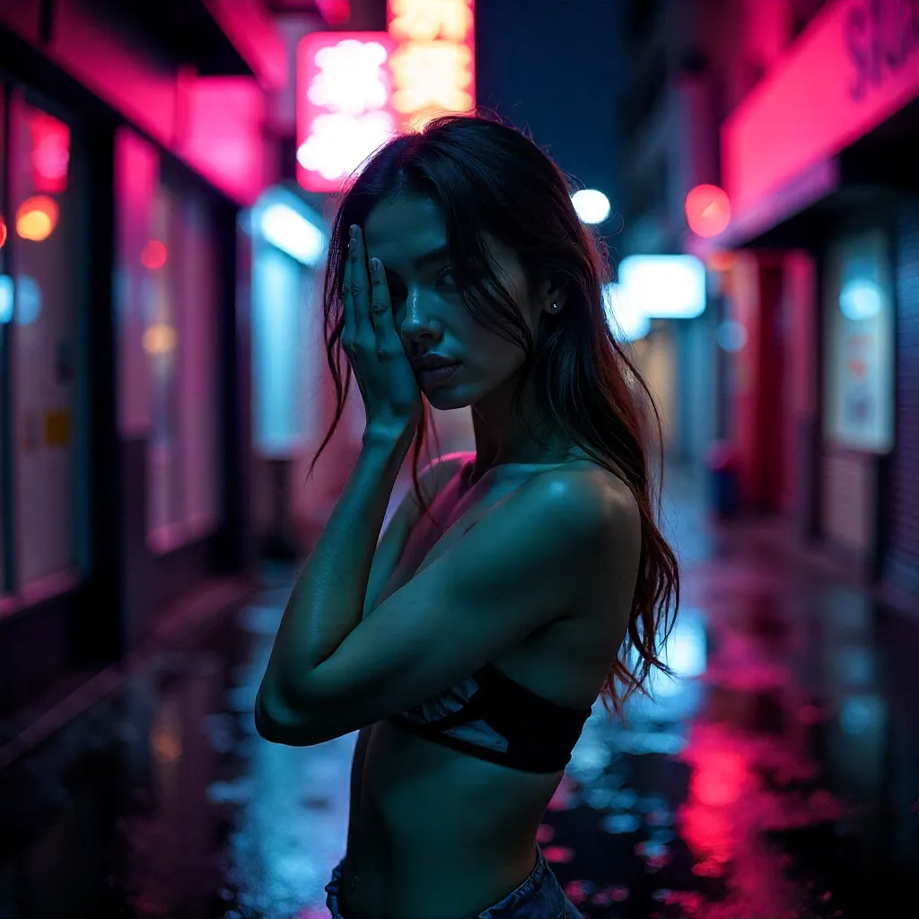 Nighttime Portrait of a Woman Shrouded by Motion Blur