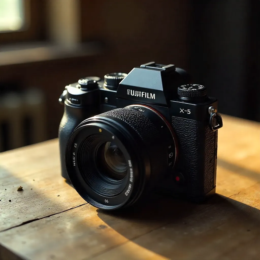 Close-up Fujifilm X-T5 on Rustic Wood Table